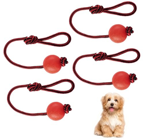 CZXCV 4 Pcs Dog Rope Ball Tough Elastic Solid Rubber Balls Chew Toys for Dogs Interactive Ball on a Rope Toy for Fetching Catching Throwing Tugging Play Dogs