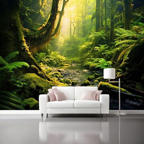 Vlies Fototapete Regenwaldbach Grün Regenwald Bach 3D Effekt 300 X 210 Cm - Foto Tapete Moderne Vliestapete Xxl Wandtapete Motivtapeten Dekoration Für Wohnzimmer Schlafzimmer