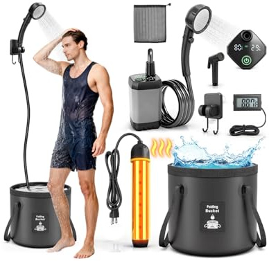 Douche portable avec chauffage 1500W - Chauffe-eau de camping avec pommeau de douche, 3 modes de pulvérisation, 6000mAh, pompe de douche rechargeable avec affichage LED, seau pliable pour l'extérieur