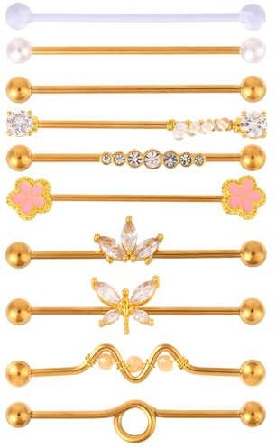 Mikovivi 10 Stück 14G Industrial Piercing Schmuck, Edelstahl Industrial Barbell Ohrringe Knorpel Helix Piercing Ohrringe für Damen Herren