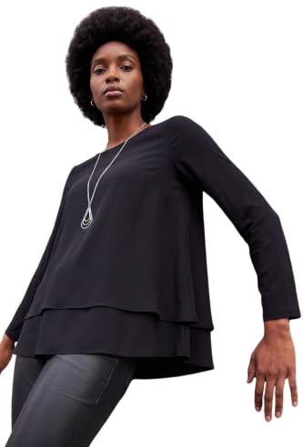 Roman Originals Chiffon Overlay Top with Necklace for Women UK Ladies Smart Evening Blouse Fitted Stretchy Going Out Elegant Sparkly Party 3/4 Length Sleeve V-Neck Silk - Noir - Size 16