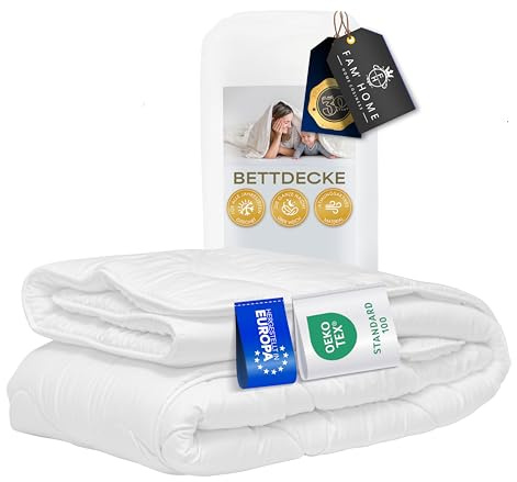 FAM Home Bettdecke 200x200 cm, Ganzjahresdecke, Antiallergisch, Waschbar | 350g/m² Ganzjahresdecke 200x200 cm. Weich, gesteppt, antiallergisch & bis 95°C waschbar. Ideal für Allergiker geeignet.