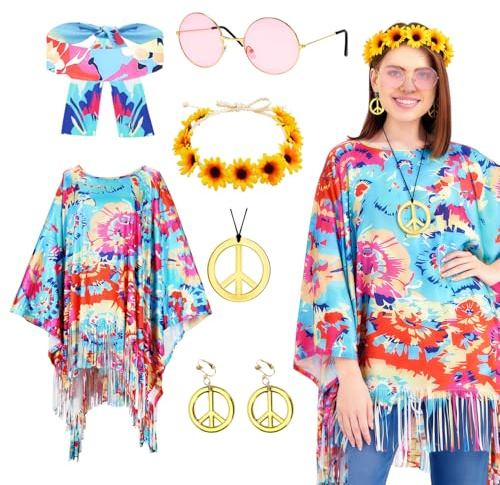 Meleager Hippie Kostüm Damen Set,60er 70er hippie Kostüm damen,Hippie poncho mit hippie-Accessoires,Karneval damen,Disco Party Kostüme