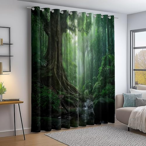 Blickdicht Vorhänge Schlafzimmer - Fantasie Dschungel Wald Verdunkelungsvorhang mit Ösen, Dunkelgrün Wohnzimmer Kinderzimmer Fenstervorhänge H 166 x B 75 cm (2er Pack) Schiebevorhänge