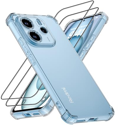 LACAE Funda para Xiaomi Redmi Note 14 4G con 2 Protector de Pantalla de Vidrio Templado, Carcasa Transparente Delgada Antigolpes de TPU con Esquinas Airbag - Transparent