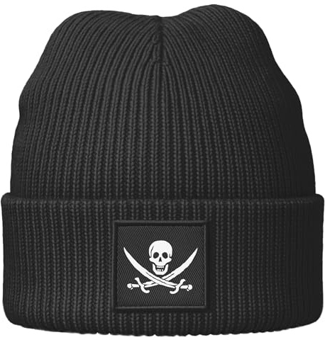 MoonWorks® Damen Beanie Strickmütze mit Aufdruck Pirat Totenkopf Statement Accessoires Streetwear Strickbeanie mit Patch