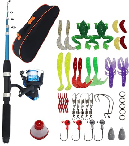 Angelset für Kinder, Kinderangel Starter Set, 1.5m Angelrute Set Kinder mit Angelrolle, Köder Set und Tragetasche, Teleskopangel Angelrute, Angel Zubehör Angel-Set komplett für 3-10 Jahren