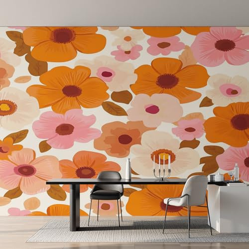 Retro Floral Wallpaper for Living Room, 60s Orange Flower Wall Mural, Non-Woven Photo Wallpaper for Bedroom, Home Decor Wall Paper 150 x 105 cm (W x H) Y&W8