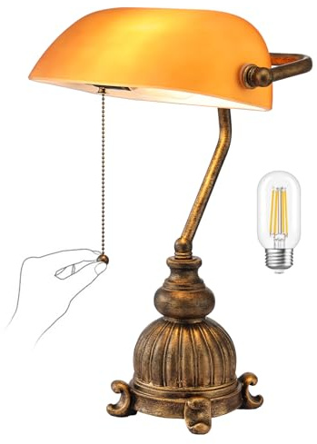 Newrays Retro Banker-Schreibtischlampe aus Bernsteinfarbenem Glas | Home Office, Bibliothek mit Pull -Kettenschalter -Stecker, LED -Glühbirne enthalten