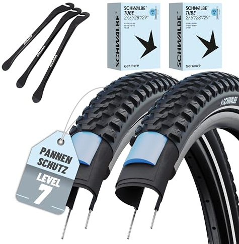 2er Set Schwalbe Fahrradreifen Marathon Plus MTB 29 oder 27,5 Zoll (ETRTO 54-584,57-584,57-622) wählbar mit AV DV SV SCV Schlauch + 3 Metall Reifenheber
