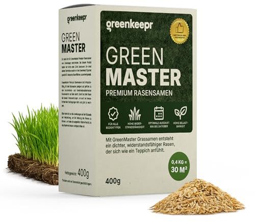Greenkeepr GreenMaster Premium Rasensamen 400g | Reparatur kahler Stellen und Nachsaat für dichten Rasen | Grassamen reicht für 30 m² | Profi-Qualität, schnelles & kräftiges Wachstum