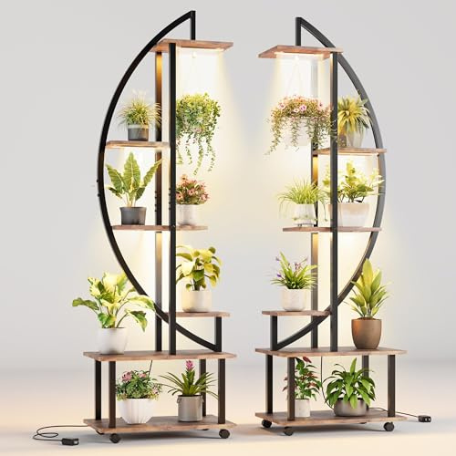 TUFSPRAX Imposant capacité pour Plantes – Étagère Demi-Lune 6 Niveaux avec éclairage LED – Structure métal Robuste, Design Bois tigré – Idéale entrée, Salon, Balcon – Présentoir Pots de Fleurs