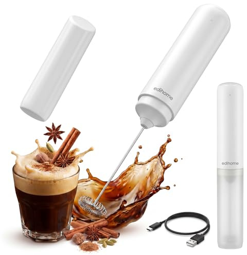 edihome, Espumador de Leche, Eléctrico, Milk Frother Portátil para Café, a Pilas, Batidor de Espuma para Cappuccino Latte, Matcha, Potente y Silencioso (Blanco, A Batería)