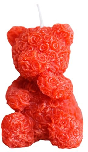 Red Rose Teddy Bear Candle - Romantic Floral Bear Gift for Valentine’s Day, Mother’s Day, Anniversary & Wedding Decor - Cute Unscented Soy Wax Figurine, 8cm - Unique Birthday Present for Her