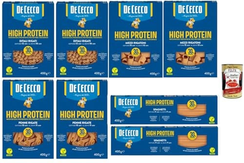 Italian Gourmet Bundle High Protein Pasta 8x 400 g (Ditali Rigati, Mezzi Rigatoni, Penne Rigate, Spaghetti) + Italian Gourmet Polpa – proteinreiche italienische Pasta mit 30% Protein