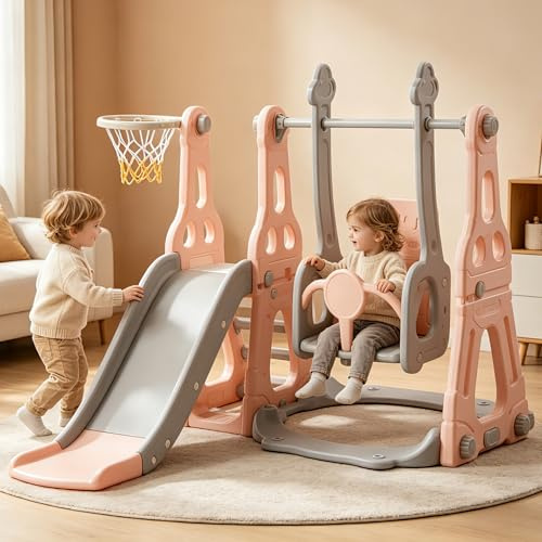 Toboggan 4 en 1 Enfant avec Panier de Basket, Balançoire Réglable 3 Hauteurs et Glissière Sécurisée, Aire de Jeux Multifonction Extérieur/Jardin Compacte 140x118cm | HDPE Résistant, Installation Facil