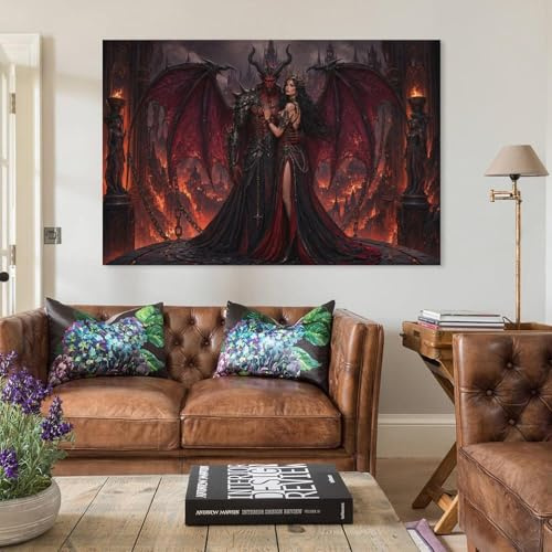 W7C8U2X3 Satanischer Höllendämon Wanddeko Leinwand, Galerie Zuhause Deko | Leinwand Wanddeko mit Satanischer Höllendämon Dämonenpaar Design für Wohnzimmer, Galerie und Geschenk, 16x24inch(40x60cm)
