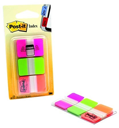 Post-It Index Strong Ablagetabs, Standard, Verschiedene Farben, 25.4 mm x 38.1 mm, 66 Haftstreifen/Spender, 1 Spender/Packung