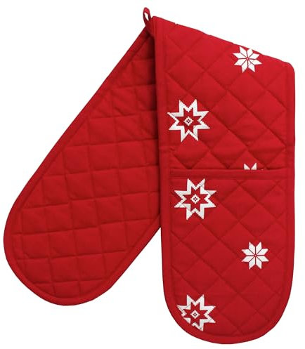 Double Oven Gloves - 84 cm x 18 cm x 1 cm, 1-Piece Oven Mitts for Cooking & Baking - Cotton, Machine Washable at 30° - Kitchen Essentials by Ragged Rose - (Red Christmas Star)
