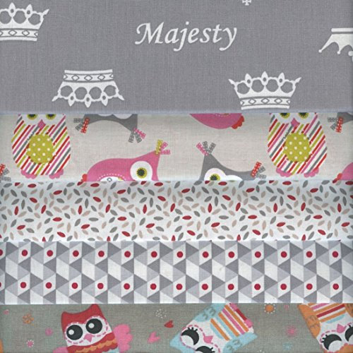 Textiles français Stoffpaket (Stoffpak) Kollektion ‘Majesty’ 5 Stoffe grau mit rot, Silbergrau, Pink, Anis und Türkis | 100% Baumwolle | Jedes Stück 50 cm x 40 cm