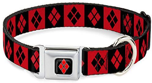 Buckle-Down Seatbelt Buckle Dog Collar - Harley Quinn Diamond Blocks Red/Black Black/Red - 1 Wide - Fits 15-26 Neck - Large