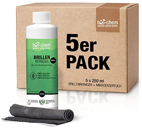 bio-chem Brillenreiniger Spray ohne Alkohol 5x 250ml Nachfüllflasche | Anti-Beschlag Brillenspray mit Mikrofasertuch | Reinigungsspray für Brillen, Display | Brillenputzmittel Made in Germany