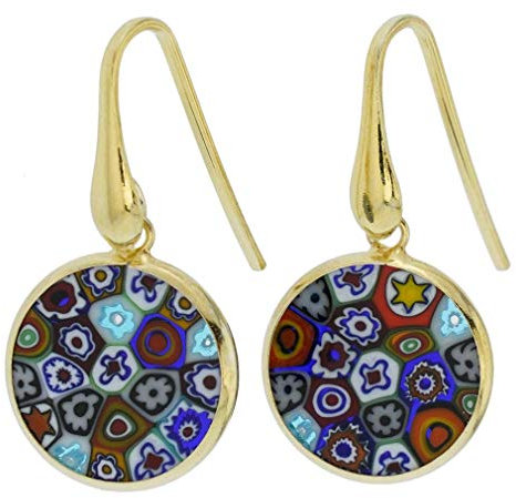 Glas Venedig italienische Murano -Glasohrringe baumeln Sie rund um mehrfarbige Millenfiori -Blume in goldplattiertem Sterlingsilber - Murano -Glasohrringe für Frauen