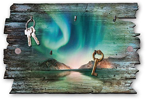 Kreative Feder Nordlichter Designer Schlüsselbrett, Hakenleiste im Landhaus-Stil, Shabby-Chic aus Holz 30x20cm (Nordlichter)