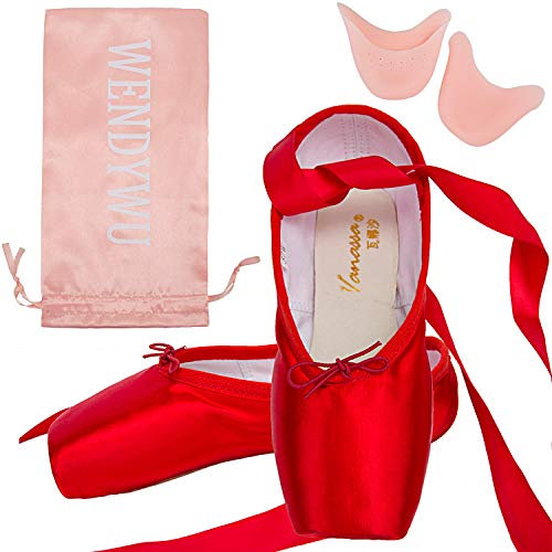 Professionelle Ballettschuhe Tanzschuhe Rosa Ballett Spitzenschuhe mit Zehenpolsterschutz für Mädchen Frauen (mit Tragetasche & Zehenpolster) – Ledersohle, Rot - rot - Größe: 38.5 EU