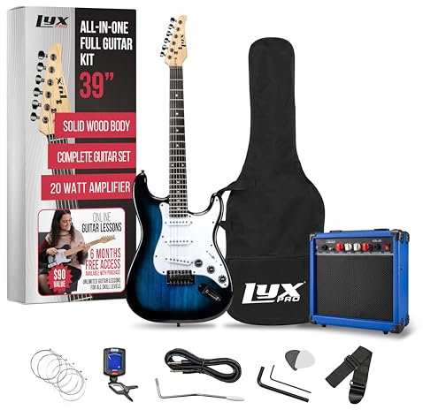 LyxPro 99 cm Electric Guitar Kit Bundle with 20w Amplifier, All Accessories, Digital Clip On Tuner, Six Strings, Two Picks, Tremolo Bar, Shoulder Strap, Case Bag Starter kit Full Size - Blue