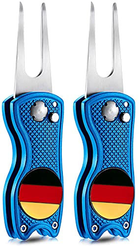 LOVMEAD Golf Divot Tool Set Wert 2 Stück mit Magnet Ballmarkierer, Klappbar Edelstahl Pitchgabel, Golfer Switchblade Werkzeug für Golfplatzgeräte (2 Stück Blau)