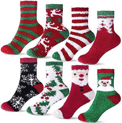 Duufin 8 Paia Calzini Natalizi, Calzini Natalizi Donna Calzini di Natale Calzini Morbidi con Fiocchi di Neve di Babbo Natale Calzini Invernali Caldi e Sfocati per Donne e Ragazze