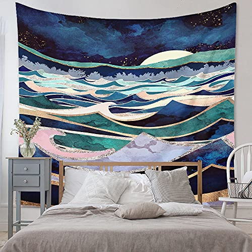 Ricemru Wandteppich Aesthetic Moon Berge Wandtuch Meer Ozean Wandbehang Abstrakte Kunst Welle Nacht Sternehimmel Wandtücher Natur Landschaft Wanddeko für Wohnzimmer 200x150