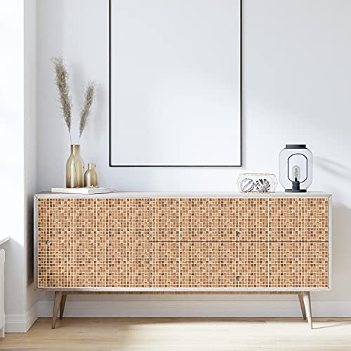 WALPLUS 15cm(6) 24 Pieces Triana Marble Brown and Cream Mosaic Wall Tile Sticker Set Peel and Stick Backsplash Decals Vinyl Home Decors Splashback for Kitchen Bathroom Tile Paint Stick on Wall