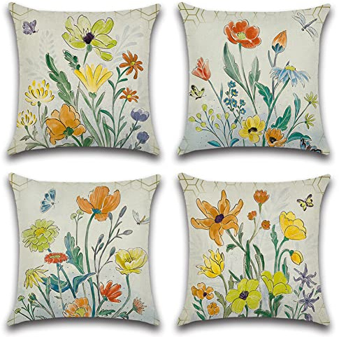 Artscope Set of 4 Waterproof Cushion Covers 45x45cm, Decorative Spring - Flower Butterfly Dragonfly Throw Pillow Covers, Perfect to Outdoor Patio Garden Bench Living Room Sofa Farmhouse Decor