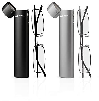 (2 Pairs) Lightweight Reading Glasses | Stylish Frames with Rectangular Lenses in Black and Graphite with Matching Metal Tube Cases by eye-spec (+3.0)