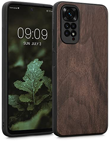 kwmobile Custodia Compatibile con Xiaomi Redmi Note 11 / Note 11S Cover - Protezione in Legno per Smartphone - Back Case con Bumper in Silicone TPU - marrone scuro legna