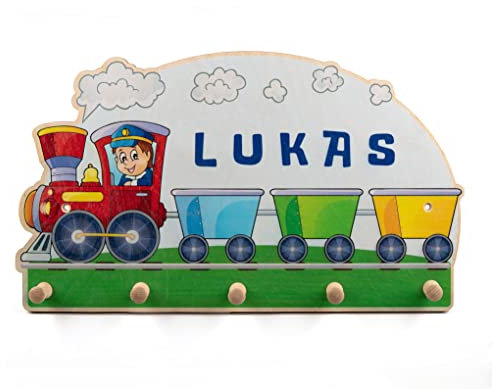 Personalisierte Kindergarderobe 'Zug' aus Birkenholz mit fünf Kleiderhaken. Garderobe für Kinder mit Wunschnamen, Maße ca. 50 x 29 cm