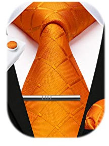 HISDERN Herren Hochzeit Orange Krawatten und Einstecktuch Krawatte Plaid Manschettenknöpfe-Krawattenklammer-Set
