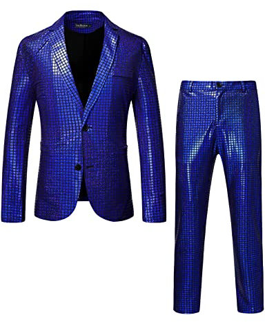 LucMatton Herren 2-teiliges Disco-Set, glänzende Jacke und Hose, metallische Pailletten, königsblau, M
