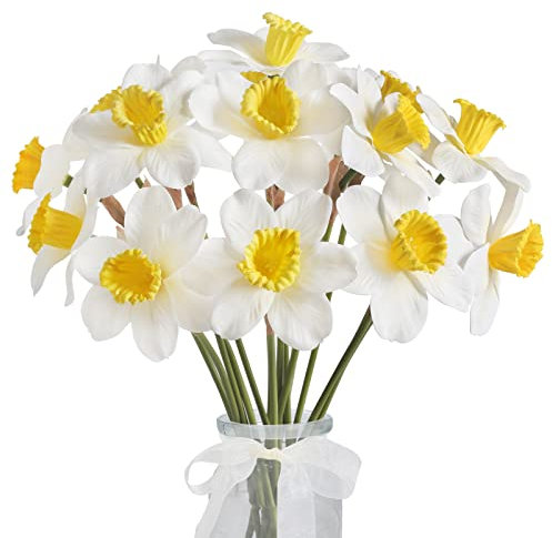 HUAESIN 12 Pcs Künstliche Blumen Frühling Deko Kunstblumen Narzisse Plastikblumen Weiß Seidenblumen Unechte Blumen für Balkon Garten Zuhause Vase Blumenkasten Dekoration