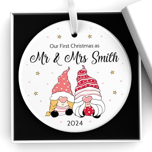 Personalised First Christmas as Mr & Mrs Gnome Gonk Decoration, Custom 1st Christmas Married Ornament, 1st Xmas Married Bauble, Newlywed Ceramic Keepsake With Gift Box