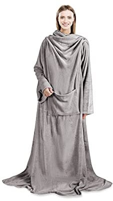 Albert Austin Wearable Blanket With Sleeves Cosy Fleece Hooded Blanket Pocket Ultra Soft Plush Fleece Blanket Snuggle Blanket For Men Women Extra Long Warm One Size Fits All 185 x 130 cm (Grey)