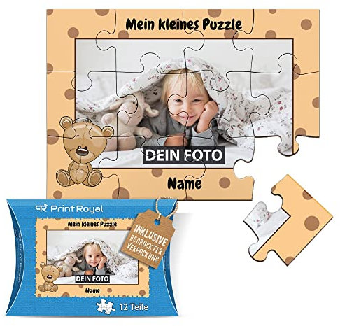 Fotopuzzle aus Holz für Kinder mit Name und Foto Puzzle selbst gestalten - Mein kleines Puzzle mit Bär, Kinderpuzzle | 25 x 17,5 cm, 12 Teile in Kartonverpackung
