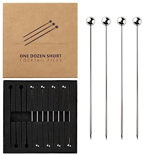 Jettory 12 palillos cortos de cóctel – Palillos de metal para decorar bebidas, pinchos Bloody Mary, cóctel de camarones, palillos de dientes de cóctel de acero inoxidable – Palillos de cóctel para