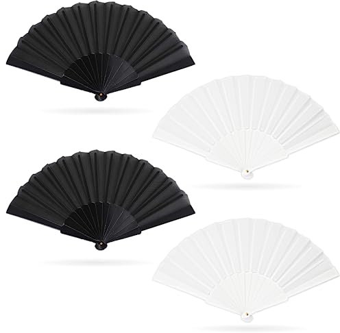 Grantop 4 Pcs Folding Hand Fan Set, Silk Fabric Plastic Ribs Handheld Fan, Folding Chinese Fan for Wedding Christmas Party Prom Festival DIY Home Decorations(4Pcs, Black+White)