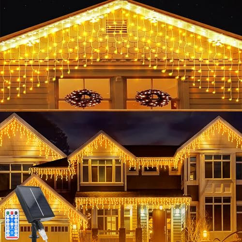 Acxilexy Solar Eiszapfen Lichterkette, 7 * 0.8 M 256 LEDs Eiszapfen Vorhang Lichter mit 8 Modi, Fernbedienung Eisregen Lichterkette, IP65 Wasserdicht Lichtervorhang für Weihnachten, Balkon, Garten