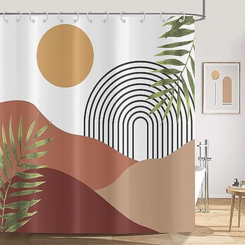 ASDCXZ Duschvorhang Boho Style 180x180 cm, Modern Abstrakt Kunst Grün Blätter Sonne Spitze Linien Bad Waschbar Duschvorhänge Polyester Textil Wasserdicht Duschvorhang für Badewanne mit 12 Haken