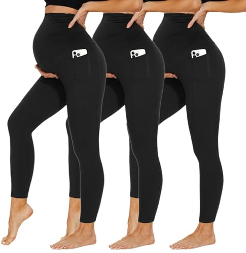 DDOBB Legging de grossesse pour femme avec poches, taille haute, opaque, doux et élastique, mode de maternité, maison, yoga, sport, Noir x 3., XL