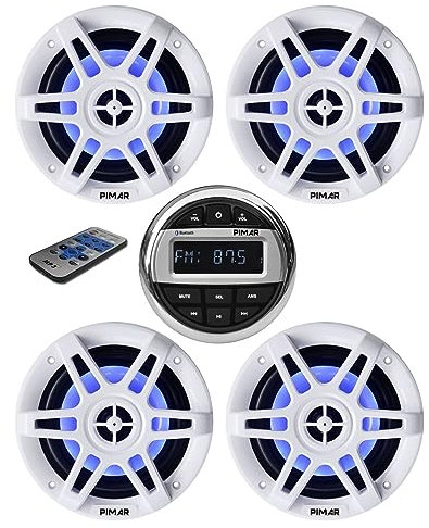 PIMAR Kit stereo con casse bianche led 150 WATT + telecomando presa usb radio bluetooth accessori barca gommone nautica (KIT STEREO CON 4 CASSE)